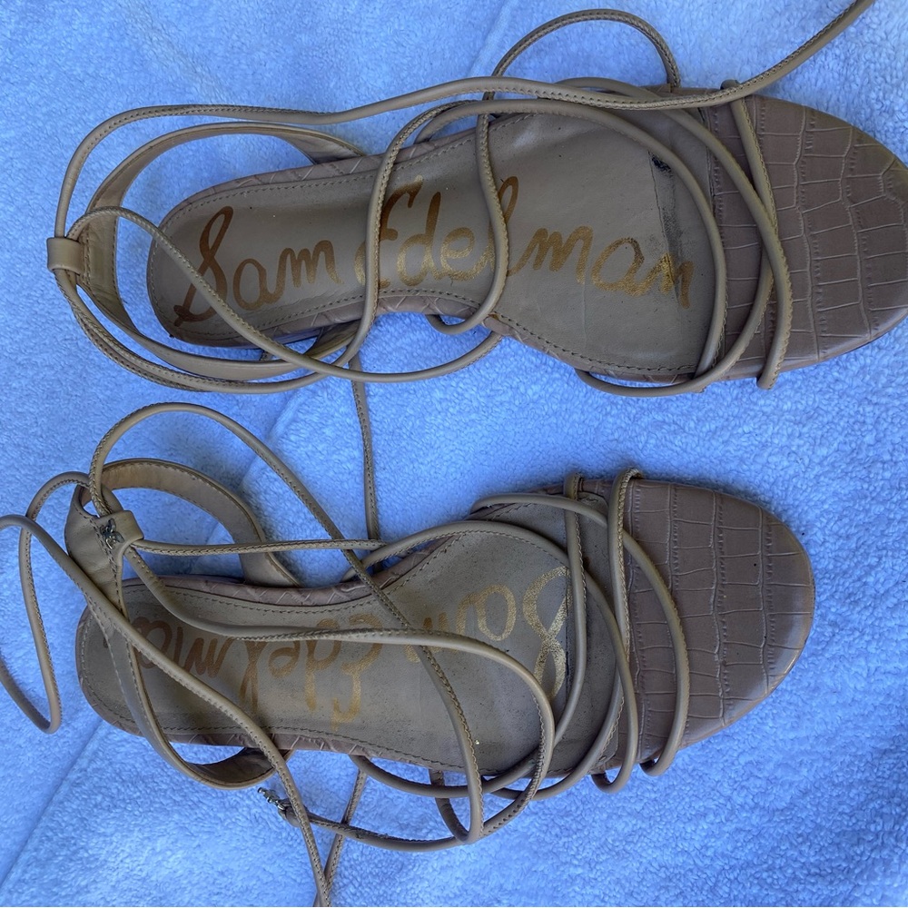 Sam Edelman Beige Lace-Up Croc-Texture High Heel Sandals